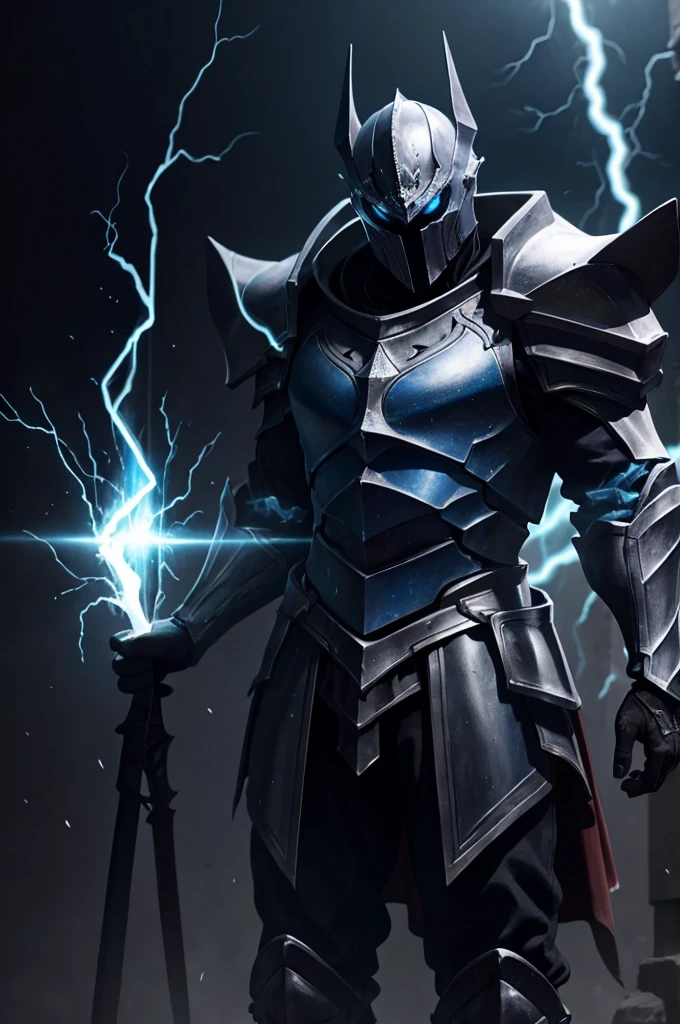 Knight, man, no girls, dark armor imbued with blue flames, holding a mass ornamented with lightning