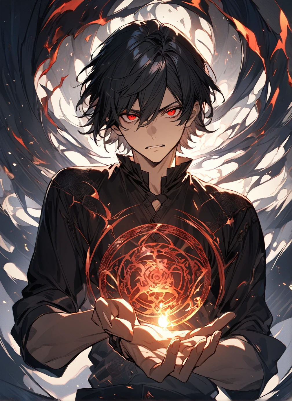 handsome, solo, 1 male, short hair, black hair, sharp eyes, red eyes, lighting, fantasy, black shirt, haughty expression, magic ring, magic circle in hand, blue particles smoldering at the tips of the fingers.