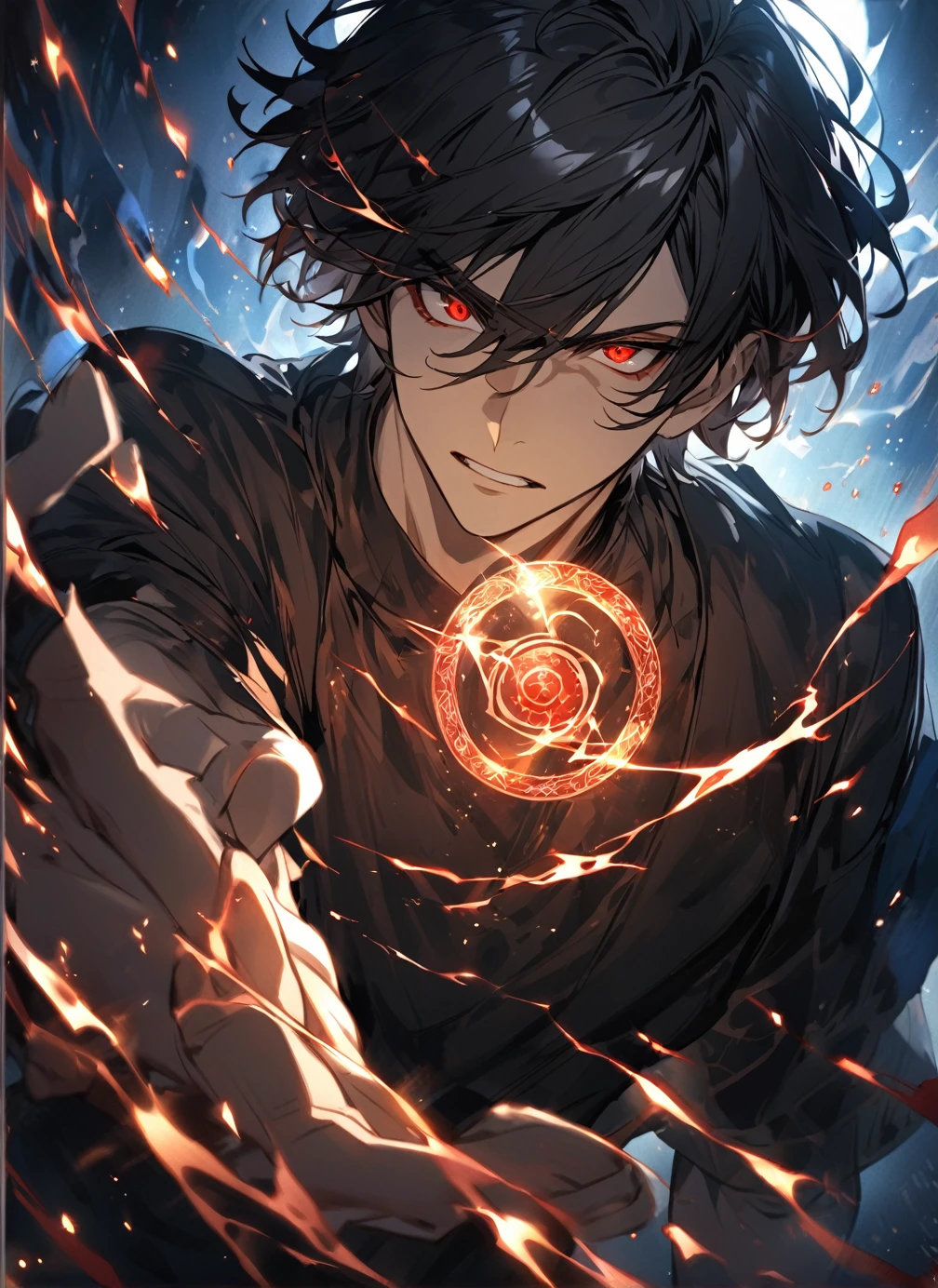 handsome, solo, 1 male, short hair, black hair, sharp eyes, red eyes, lighting, fantasy, black shirt, haughty expression, magic ring, magic circle in hand, blue particles smoldering at the tips of the fingers.