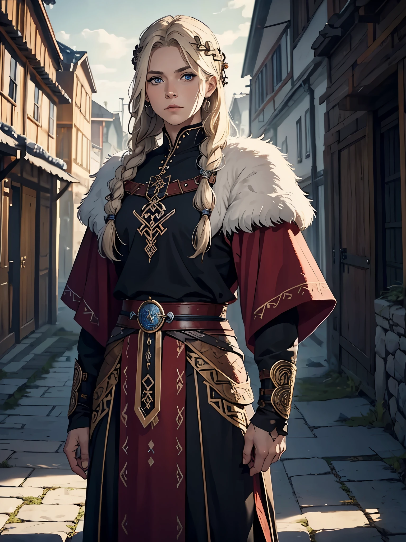 Viking. Masculine woman. Powerful. Viking hair accessories. Vikinger sidecut frisur. Muskeln. Magnificent Robe. Nordic viking woman with ashblonde hair. With löwen.