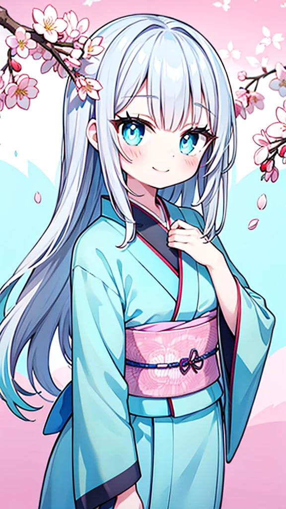 Silver Hair、Cherry blossom background、Cyan pupils、Light blue kimono、Young Girl、smile