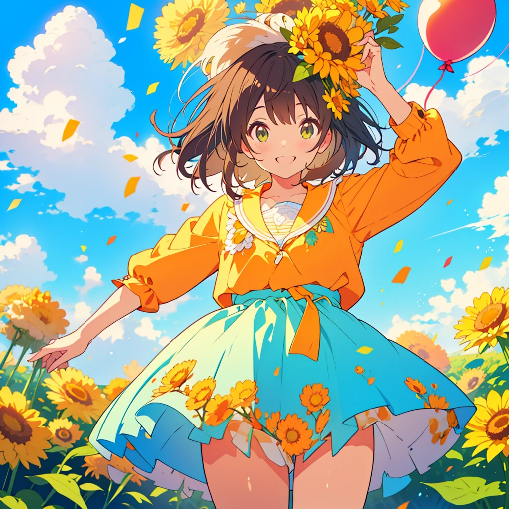 kawaii, anime, Cute, hyper quality, highly detailed, 8k, Clarity, dark brown long hair, smile, green eyes, small orange marigold, small marigold flower garden, wear a flower crown, sit on a flowering hill, colorful balloons, balloons are flying in the sky, flower garden, morning dew, Shining light, particles of light, dazzling smile, Draw facial expressions in detail, Draw the eyes in detail, pure white wedding dress, A breeze flows, Marigold petals dance, A large number of balloons fly into the sky, look up at the sky, A dynamic posture, balloon, clear blue sky, the bird flaps its wings, happy birthday, blue sky, clear sky, rainbow colored balloons, colorful balloons, release a large number of balloons into the sky, upper body, hold one's hand in the sky, 	