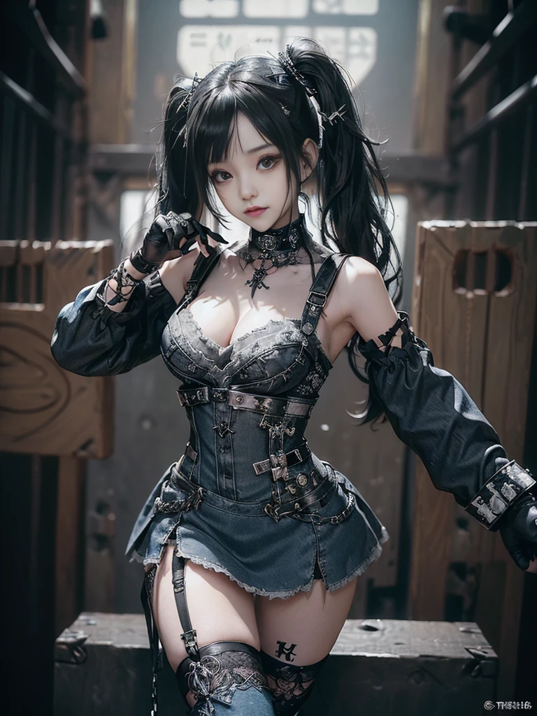 (Smiling with teeth showing:1.3),(Shibuya Gal:1.5)、(Beautiful:1.3)、(Gothic Lolita style fashion:1.5)、(Punk RockVisual Kei:1.4)、(Denim and black and white medieval noble mini skirt dress:1.5)、(Denim with black and white medieval gloves and bustier:1.5)、(Denim high heels:1.3)、(Wearing silver accessories:1.5)、(Denim collar:1.4)、(Black Leather Garter Belt:1.4)、(Brown Skin Belt:1.3)、(Black lace underwear:1.5)、30 years old、NSFW、((Highest quality、In 8K、masterpiece:1.3))、Sharp focus:1.2、(Layered Cut、Huge boobs:1.1),Beautiful woman with perfect figure:1.4、(Dancing vigorously:1.3)、Slender Abs:1.2、Highly detailed face and skin texture、Detailed eyes、double eyelid,(Twin tails:1.3)、(Black brown hair:1.3)、Gravure idol、(The background is the Takarazuka Revue stage.:1.3)、(Slim Body:1.2),(Make your legs thinner:1.4),(clavicle:1.1)