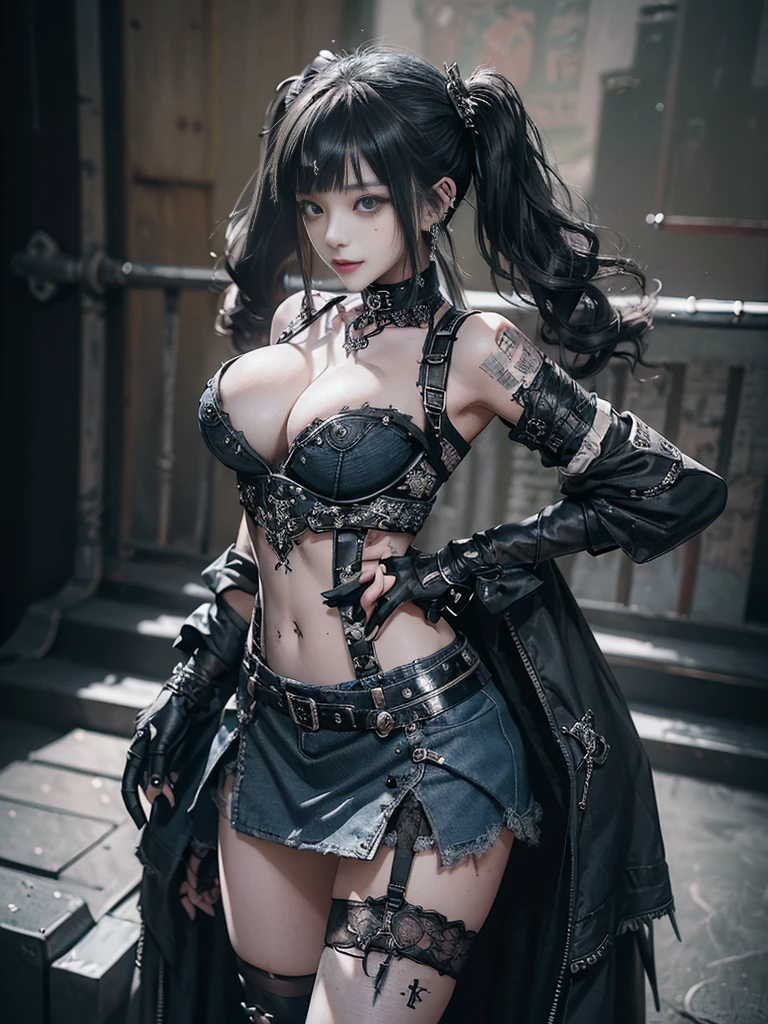(Smiling with teeth showing:1.3),(Shibuya Gal:1.5)、(Beautiful:1.3)、(Gothic Lolita style fashion:1.5)、(Punk RockVisual Kei:1.4)、(Denim and black and white medieval noble mini skirt dress:1.5)、(Denim with black and white medieval gloves and bustier:1.5)、(Denim high heels:1.3)、(Wearing silver accessories:1.5)、(Denim collar:1.4)、(Black Leather Garter Belt:1.4)、(Brown Skin Belt:1.3)、(Black lace underwear:1.5)、30 years old、NSFW、((Highest quality、In 8K、masterpiece:1.3))、Sharp focus:1.2、(Layered Cut、Huge boobs:1.1),Beautiful woman with perfect figure:1.4、(Dancing vigorously:1.3)、Slender Abs:1.2、Highly detailed face and skin texture、Detailed eyes、double eyelid,(Twin tails:1.3)、(Black brown hair:1.3)、Gravure idol、(The background is the Takarazuka Revue stage.:1.3)、(Slim Body:1.2),(Make your legs thinner:1.4),(clavicle:1.1)