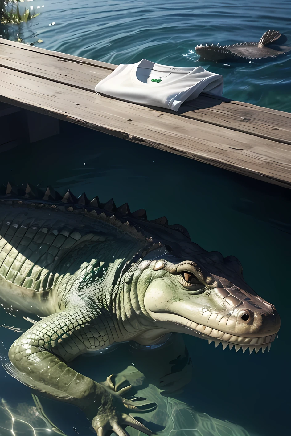 A crocodile wearing a Lacoste t-shirt at the bottom of a lake