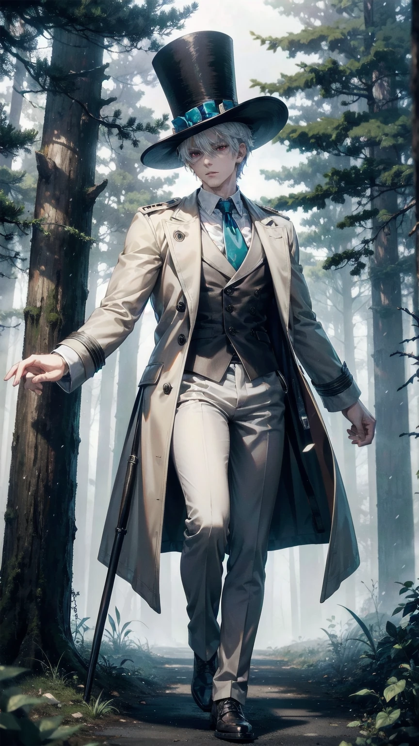 Masterpiece, Superior image quality, high resolution, 4k image, man ,short white hair ,White skin, red eyes, very detailed eyes, tall height, muscled body, holds a cap, blue top hat, long gray trench coat, brown pants walking on a wooded trail, dark forest, at night, fog atmosphere, Fireforce, perfect lighting, anime coloring