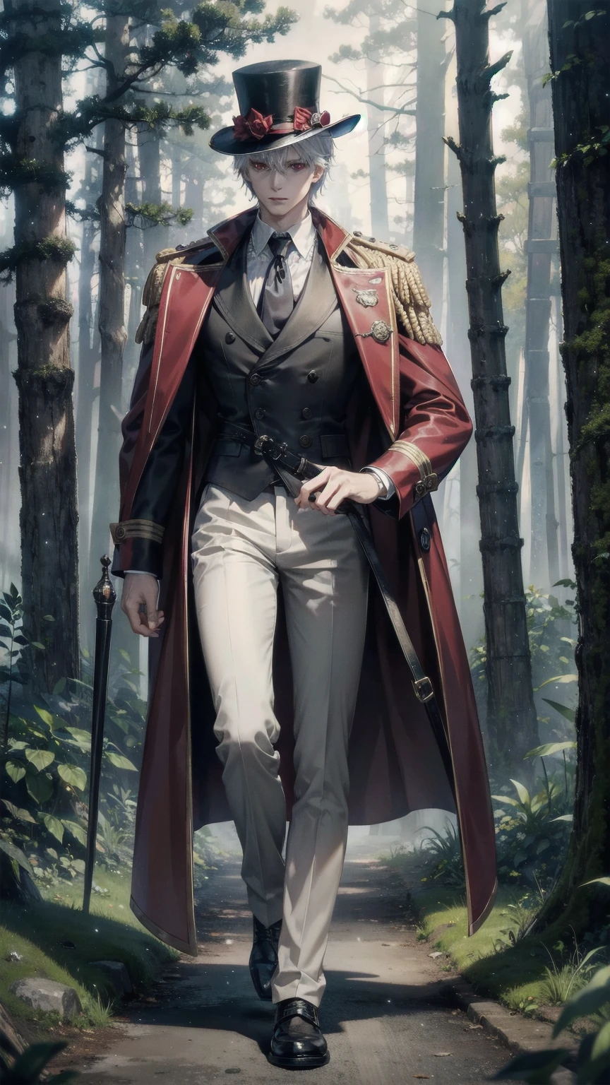 Masterpiece, Superior image quality, high resolution, 4k image, man ,short white hair ,White skin, red eyes, very detailed eyes, tall height, muscled body, holds a cap, blue top hat, long gray trench coat, brown pants walking on a wooded trail, dark forest, at night, fog atmosphere, Fireforce, perfect lighting, anime coloring