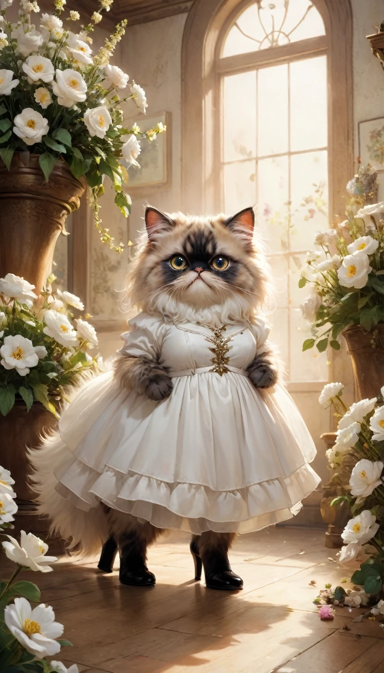 small, かわいいto be bornき物, Wearing a white dress、Black high heels、 whole body,small , Are standing, Costume, A room covered in flowers、 Fantasy art, Exquisite detail, Jean-Baptiste Monge Style, office、Alan Lee Style, Anthropomorphic, Fat, Shaggy Persian cat with big eyes, Movie Scenes, Dramatic shot angles, , Realistic, to be born々Stunning cinematic photorealism, Action Portrait, 8k, detailed, Full Frame