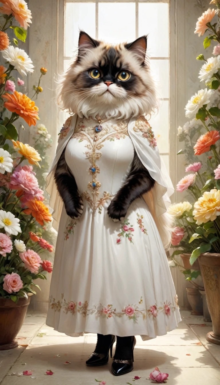  small, かわいいto be bornき物, Wearing a white dress、Black high heels、 whole body,small , Are standing, Costume, A room covered in flowers、 Fantasy art, Exquisite detail, Jean-Baptiste Monge Style, office、Alan Lee Style, Anthropomorphic, Fat, Shaggy Persian cat with big eyes, Movie Scenes, Dramatic shot angles, , Realistic, to be born々Stunning cinematic photorealism, Action Portrait, 8k, detailed, Full Frame
