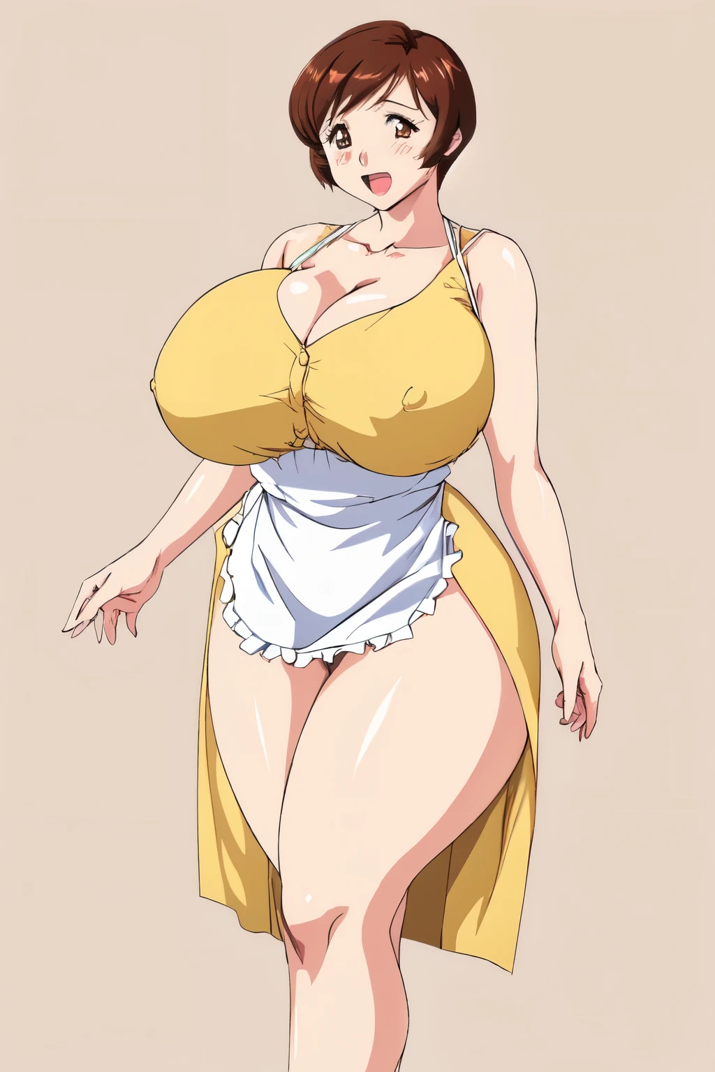 masterpiece, highest quality, High resolution, One girl, solo, sexual intercourse, Pornographic images, short hair, etsukoto, brown Eyes, fine grain, fine grain, (((Thick thighs, Plump thighs, Voluptuous thighs, Thighs alone are enough))), Huge and ample breasts, Cleavage, big long breasts, Naughty big,((big breasts are important))、((Naughty thighs)), L Cup, (thin:1.4),(Tight waist:1.4), (yellow dress:1.4), smile, open mouth,((waist apron)), white panty, (((Simple Background))), ((Wide Hips)), Shiny, Oily skin, Mature mother, Calf, Seductive mature woman, milf, Perfect body, Plus Size Model, curvy, ample, etsukoto, blush, clavicle, retro artstyle, 1990s (style), (thick thighs:1.4), (((Bare legs, showing legs))), ((bursting breast)), firm breasts, (from side:0.9), nsfw,