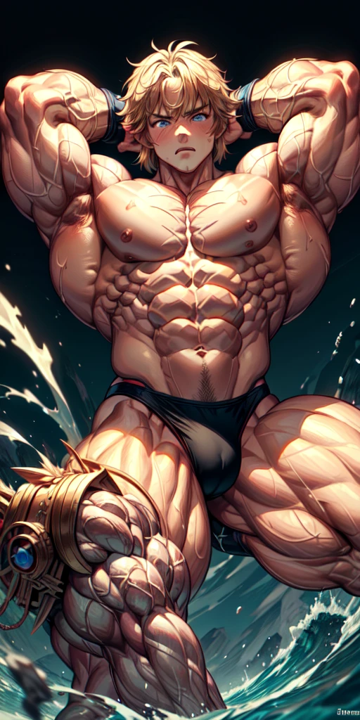 (masterpiece), 1 boy, link (the legend of zelda), blue eyes, blond hair, With bare upper body, muscular, large chest muscles, big arms, Arms above the head, Armpits, blush, nervous, Muscles, strong man, masculine, ((Bodybuilder)), ((((extrem muscular)))), (( musculare Beine , musculare Arme, muscularer Oberkörper, musculare Bauchmuskeln , musculare Schultern, )), angry, (combat stance:1.2), ((1boy))