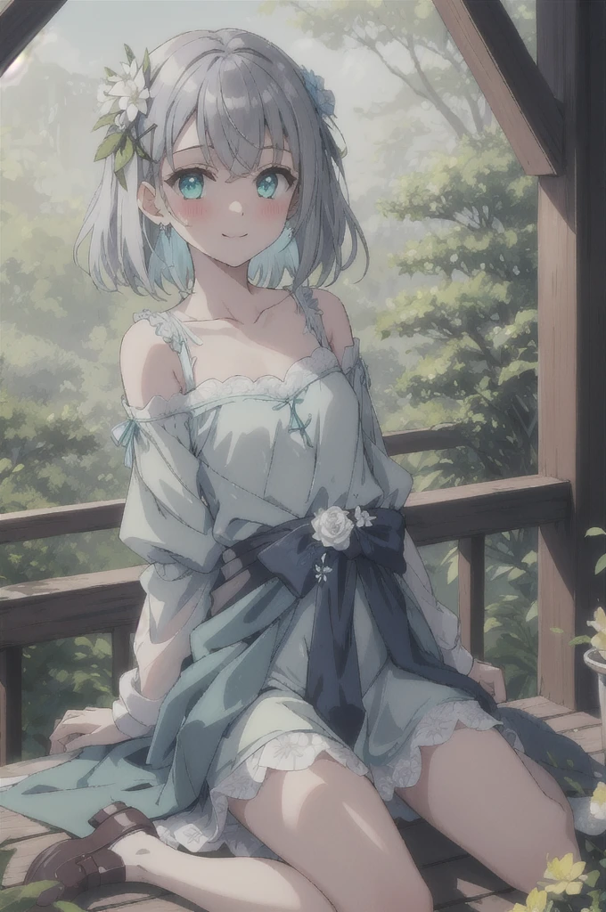 (masterpiece, best quality), hyperdetailed, clean lines, one girl,15 years old, blush, ash_hair, (Silver_hair:1.3), thin hair clip, cyan colorshift eyes, expressive eyes, collarbone, smile, morning, sunshine, (full shot), wariza, fairy style。The mint green tunic dress is made of light chiffon material.、Lace detailing on sleeves and hem。There is a delicate wing accessory on the shoulder.、A flower garland belt is worn around the waist.。Flat shoes are also in pastel colors.、The base is decorated with small flowers.。In the background is a fantastic forest landscape.。