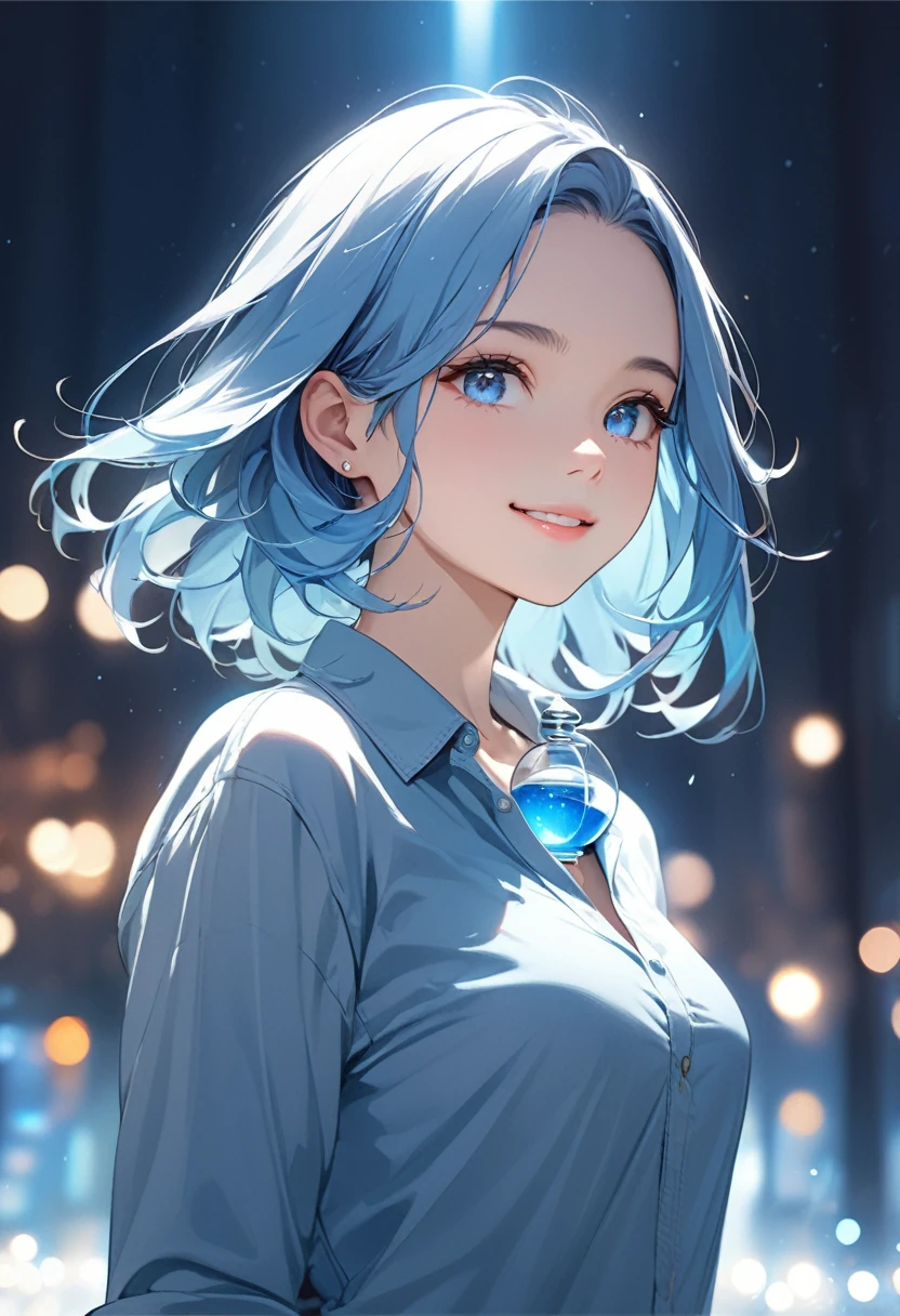 (masterpiece:1.5),(Beat quality),(high res),1girl solo,beautiful face,smile(shining eyes),upper body,light effects,Blue-haired woman in casual clothes,Blue Hourglass,Background is blue