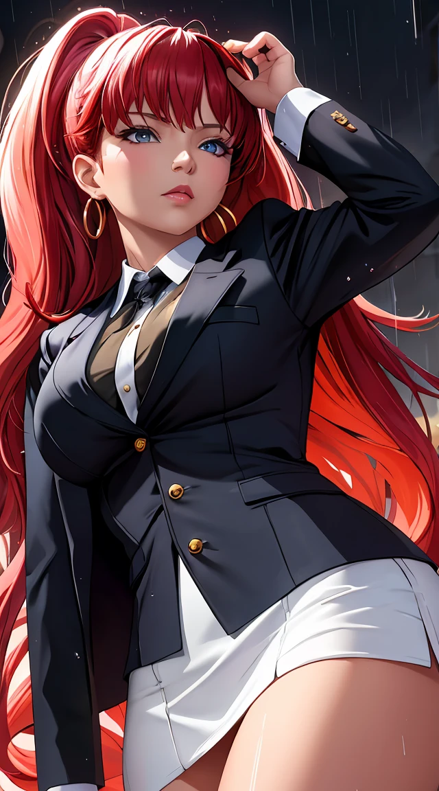 (best quality:1.5, highres, UHD, 4K, detailed lighting, shaders), white and red haired, gradient hair, large breasts, suit, gray shirt, social shirt, short skirt, mature woman , (pov), white background, colorful eyeshadow, dramatic lighting, sparkling eyes, sensual expression, golden earrings, flowing hair, delicate facial features, dark skin, high cheekbones, raining, urban setting, white background, dont look for the camera, lean forward, wet by the rain.