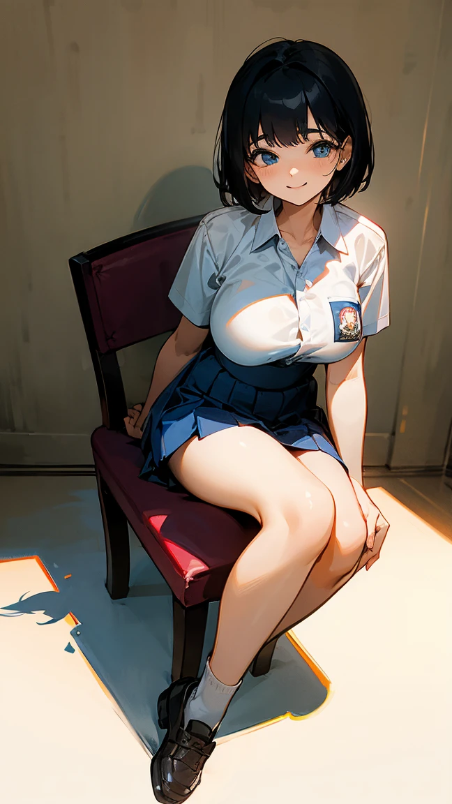 1 woman, ************, (Korean Wolf Cut haircut, black hair), scared face expression, plump body, blue eyes, Indonesian high-school uniform, (wearing transparent white shirt, showing bra), osis logo on shirt pocket, huge XL breasts, light-grey pleated skirt, sitting on a chair, seductive pose, full body shot, smiling, in the classroom, smile,