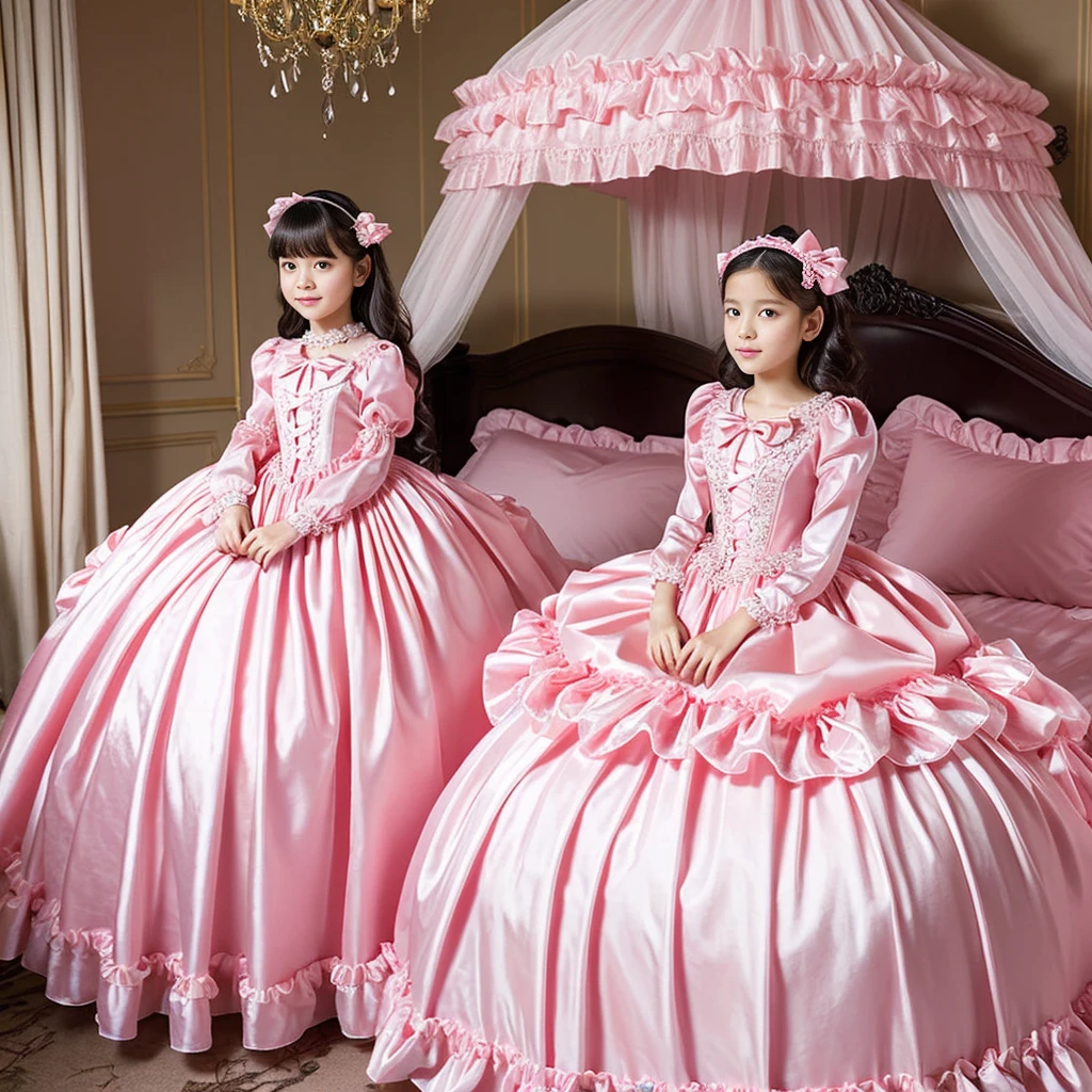highest quality, masterpiece, highest resolution, artwork, super それにget used to it, many get used to it, get used to it, それにget used to it,,a girl, (()),(()),the girl is a princess,((girly dark pink satin fabric)), Long hair that reaches to the waist,((Victorian ball gown dress with plenty of pink ruffles and bows and a voluminous full-length hoop skirt.)),long sleeve,long dress,A dress with lots of frills and ribbons...,luxury,((Palace bedroom)),((Huge square victorian canopy king size bed)),(Girl is sitting on bed),lots of frilly pillows,ruffle bed skirt,