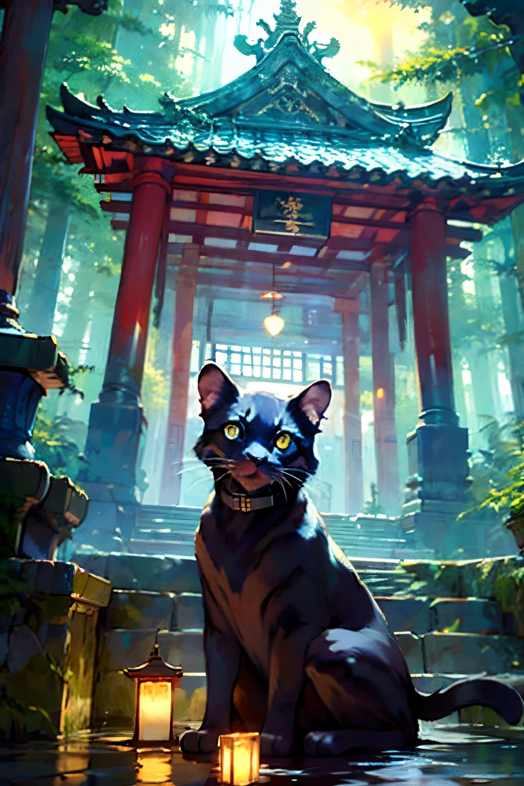 ((best quality)), ((masterpiece)), (detailed), Studio Ghibli、Wet day、in the forest、Dark Forest、in the forest、Black cat、One Black Cat、View here、night、shrine、temple