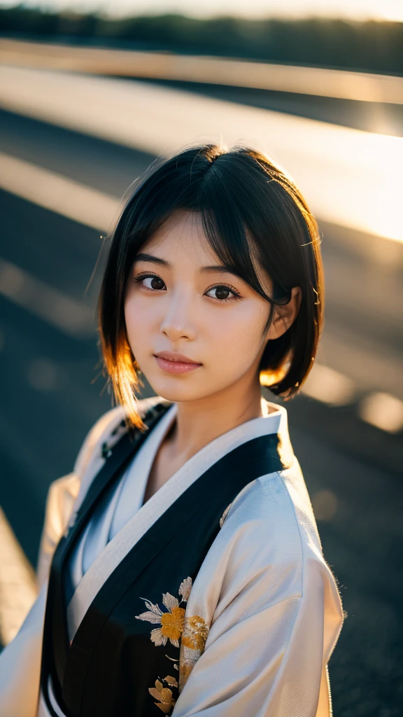 A 20-year-old Japanese supermodel girl，black hair，Ukiyo-e kimono，Japan Highway Background，a ray of light，Beautiful facial lighting，Large，Photographed by Yui Aragaki，6 o&#39;clock