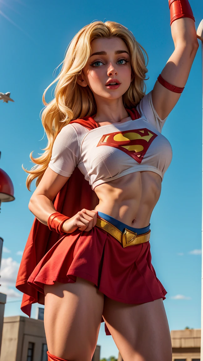8K, Ultra HD, Super details, high quality, High resolution. The heroine Supergirl looks beautiful in a full-length photo, her body is sculptural, her long wavy blonde hair is radiant in a perfect combination with her white skin, her bright blonde eyes mesmerize everyone. She is wearing her heroine outfit, a red skirt with a yellow belt, a very tight blue t-shirt with a big red S on the chest, Elta also wears a red cape and red boots. she looks very sexy drawing attention to her big breasts and thick legs as she flies through the sky