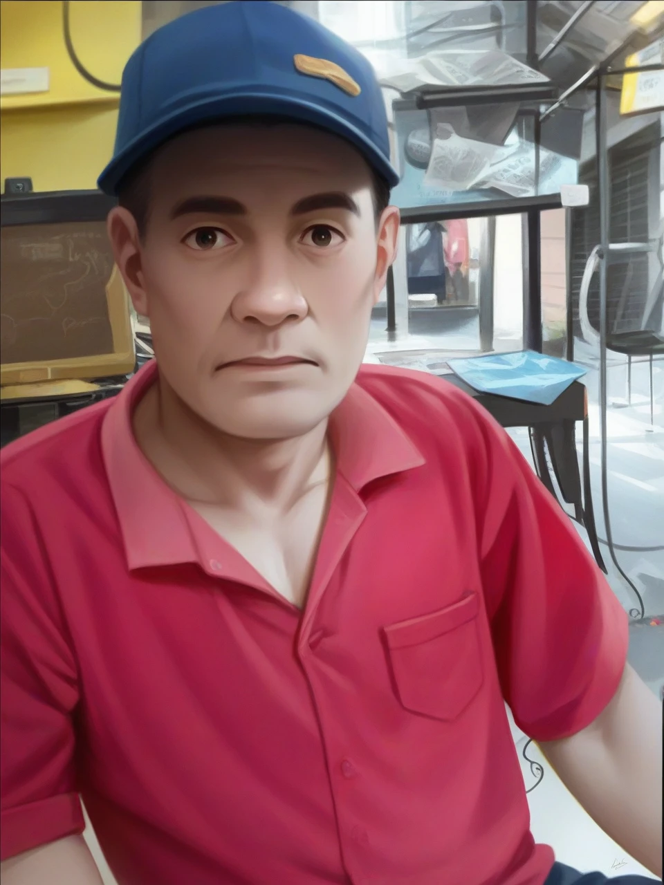 a highly detailed and realistic 4d caricature of a 35 year old Indonesian man, wearing a blue batik shirt, formal trousers, loafers, standing proudly, grey gradient background, ultra-detailed, best quality4k, ultra-detailed, sharp focus, physically-based rendering, extreme detail description, professional, vivid colors, warm lighting