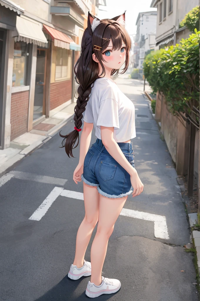 A cute girl walking in an alley, anime girl, outside, daylight, people on the street, she looks around the alley, does not look at the viewer, small white t-shirt, t-shirt printed with an "I love U" heart, jean shorts, mini shorts, tight sexy clothes, short white socks, black and white sports shoes, dark brown hair, bangs, french braid, long hair, side swept bangs, wavy hair, expressive hair, shiny hair, braided bangs, hairclip, headphones, cat hair ornament, aqua eyes, glowing eyes, pupils sparkling, cat ears, blush, bright pupils, serious, glossy lips, puckered lips, confused, big round breasts, nice round buttocks, slim waist, defined and full body, slim legs, beautiful thighs, hands on her waist, high detail, anime, cinematic lighting, image fill, from behind, from above, from side, seen at all angles from behind, wide shot, panorama, caustics, Wide-Angle, f/1.8, 85mm, Fujifilm, 8k, super detail, UHD, retina, masterpiece, accurate, anatomically correct, textured skin, highres, best quality