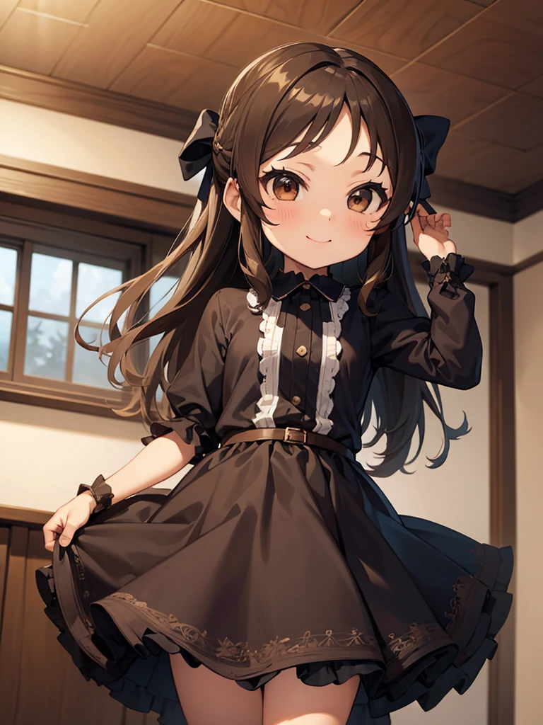 masterpiece, best quality, tachibana arisu, solo, (petite), brown eyes,brown hair,half updo,hair bow,
 smile, standing, gothic lolita, indoor,