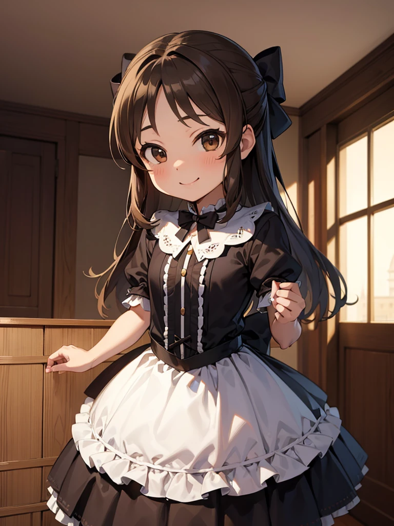 masterpiece, best quality, tachibana arisu, solo, (petite), brown eyes,brown hair,half updo,hair bow,
 smile, standing, gothic lolita, indoor,