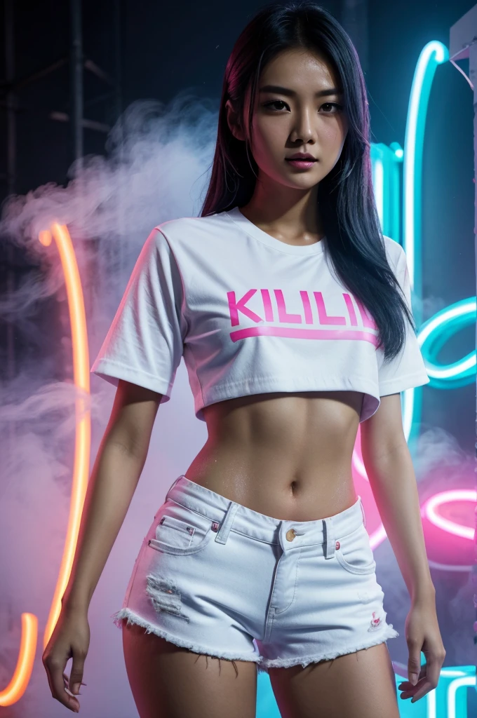 A beautiful woman with a realistic Asian-Indonesian face wearing a pink tantop with the word Khilaf written on it, short white jeans, white shorts, with splashes of neon colored paint around her, and wisps of soft white smoke, facing the camera. in Dramatic background with flashes of red blue neon lights, realistic, ultra hd landscape