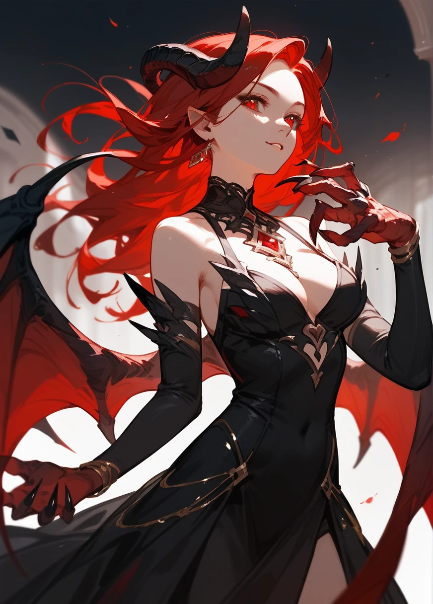 (score_9,score_8_up,score_7_up),1girl,girl demon,red hair,red eyes,wings,claws,black dress,beautiful_face,