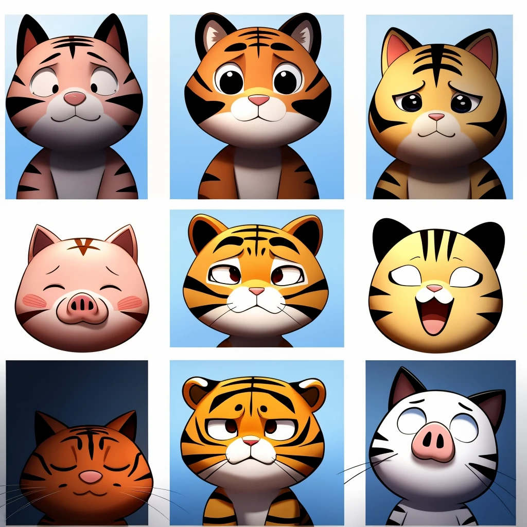 A cute half-length pink big-headed piglet and a half-length cute big-headed tiger cat are good friends. Please show their s with rich body language and vivid expressions. There are 4 sets in total. Each set includes the joy they show together, Love, sadness, discomfort, pain, anger, saying good morning, saying good night, saying thank you, saying goodbye. The background is white. Notice how the shadow appears.