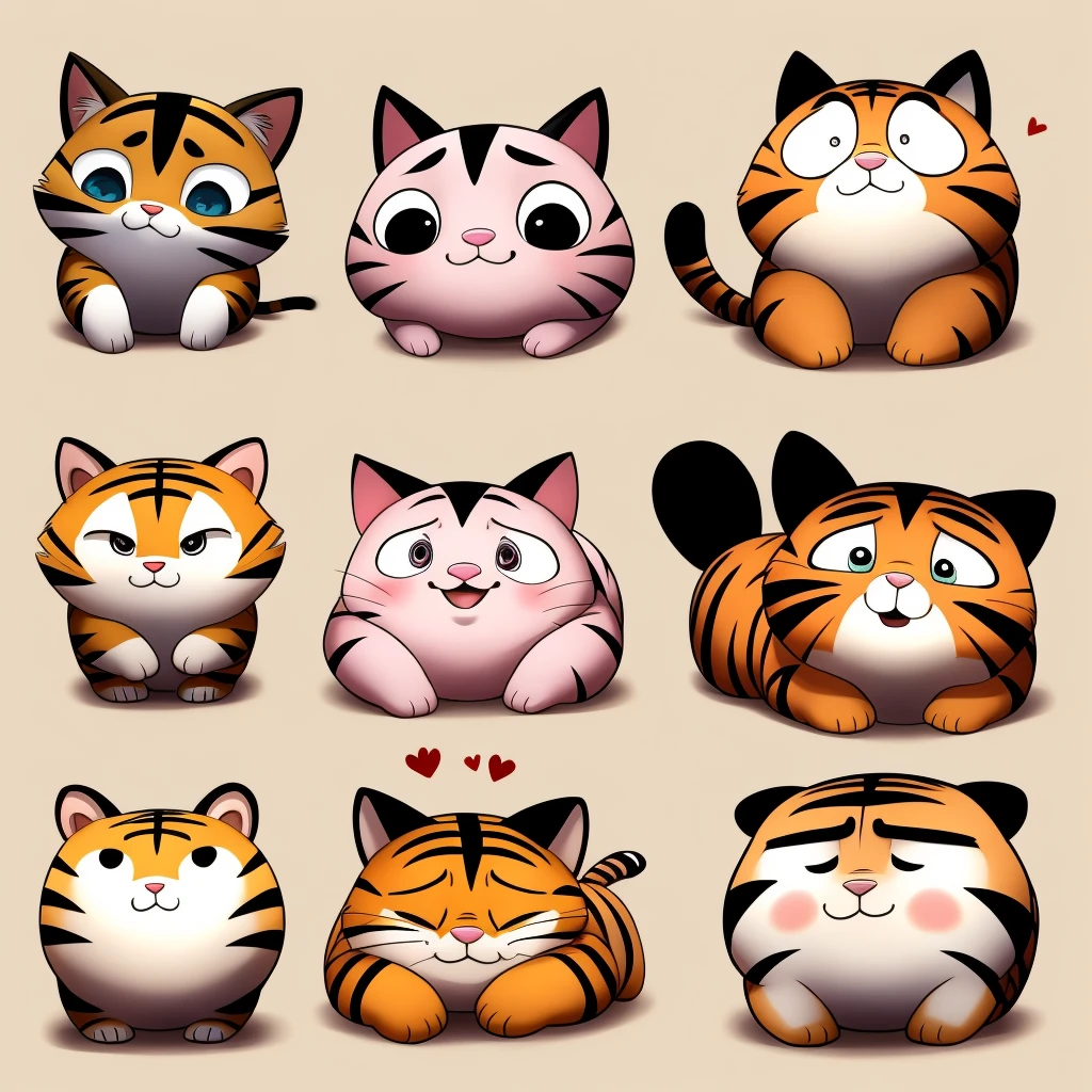 A cute half-length pink big-headed piglet and a half-length cute big-headed tiger cat are good friends. Please show their interactions with rich body language and vivid expressions. There are 4 sets in total. Each set includes the joy they show together, Love, sadness, discomfort, pain, anger, saying good morning, saying good night, saying thank you, saying goodbye. The background is white. Notice how the shadow appears.