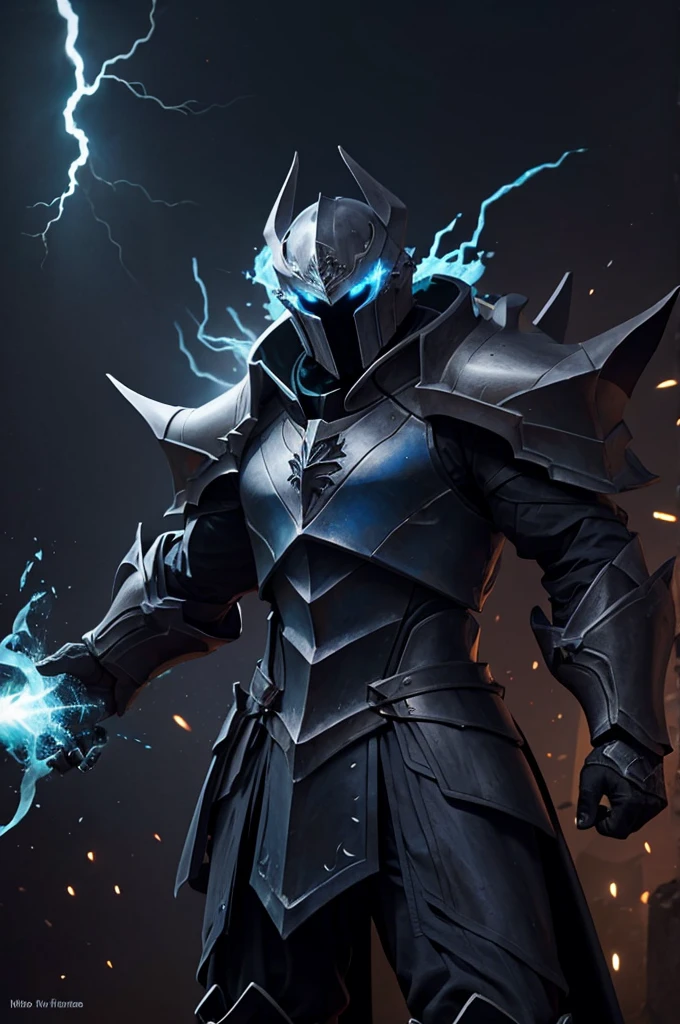 Knight, man, no girls, dark armor imbued blue flames, holding a mass ornamented with lightning