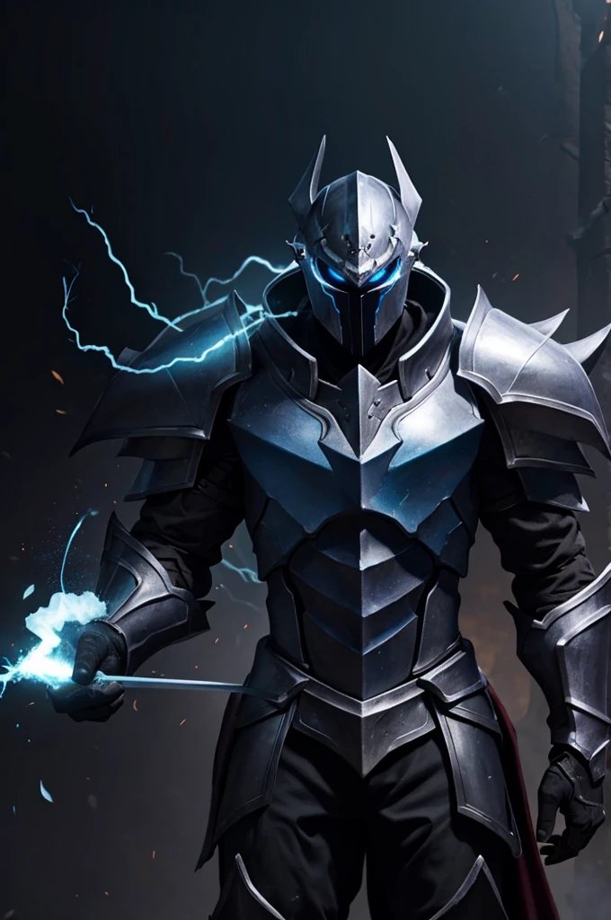 Knight, man, no girls, dark armor imbued blue flames, holding a mass ornamented with lightning