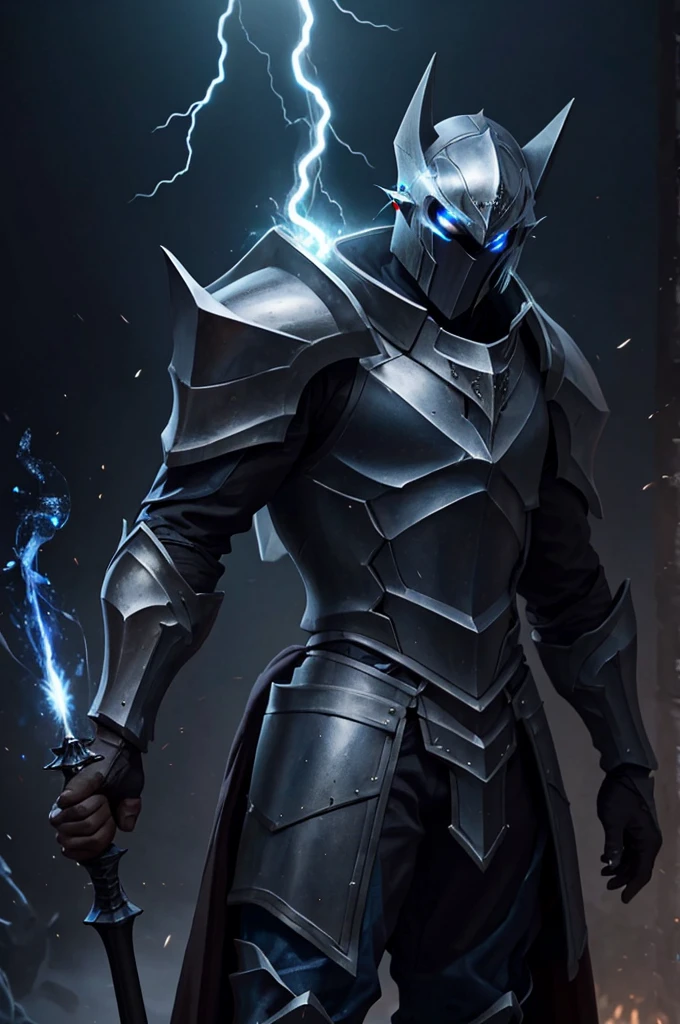 Knight, man, no girls, dark armor imbued blue flames, holding a mass ornamented with lightning