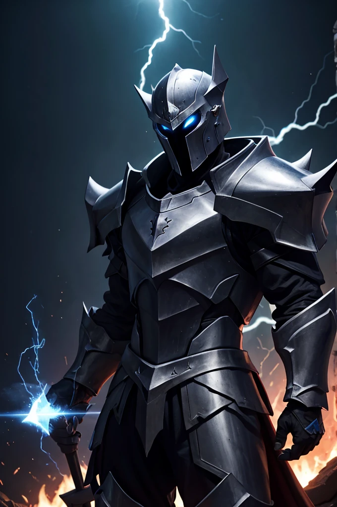 Knight, man, no girls, dark armor imbued blue flames, holding a mass ornamented with lightning