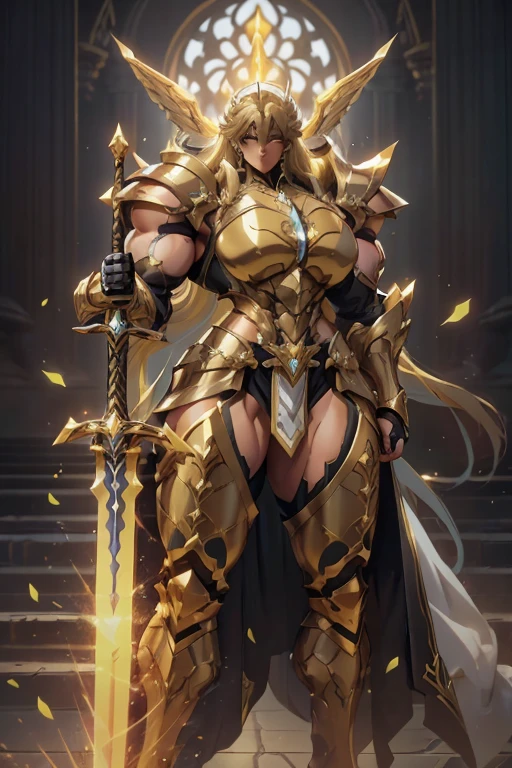 (((Massive beautiful, buff, light brown skinned muscular female saint knight with yellow hair, black lipstick, ginormous bulky muscles, carrying a giant sword and wearing a yellow Saint Seiya Gemini Armor))), ((close-up view)), large breast, massive muscles, massive biceps, hyper muscle shoulders, hyper muscle triceps, (long flowing hair), gray eyes, (Paladin boots), (angel metal armor), breastplate, (angel gauntlets), (holy Shoulder armor), closed smile, (in a heavenly castle), Vascular arms, hyper muscles arms, hyper muscle legs, massive buff arms.