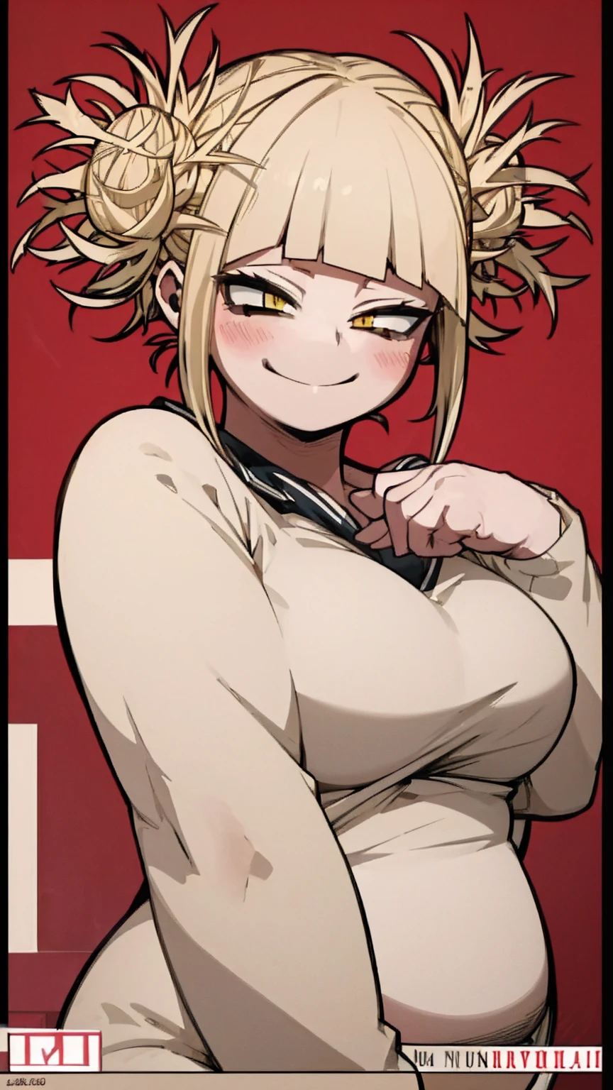 masterpiece, best quality, ultra-detailed, Potrait of beautiful , (chubby), (plump), (sexly), (Breasts), (Plump), (overweight), (Blonde), ((Saggy breasts)), (yellow eyes), (toga himiko), (NUDE), (naked), (Big Areola), (naughty smile)