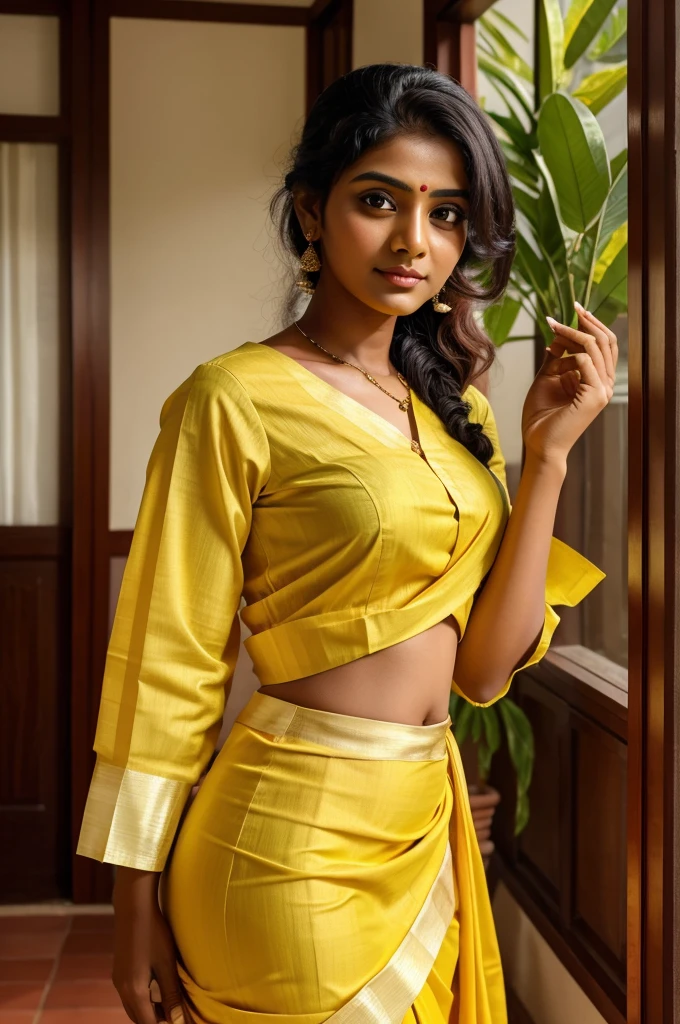 kerala girl age 24, wearing saari, saari color yellow, and blouse color red. hiquality image, ultra wide resulution 1.5,