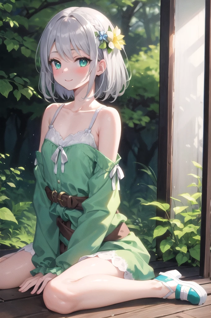 (masterpiece, best quality), hyperdetailed, clean lines, one girl,, blush, ash_hair, (Silver_hair:1.3), thin hair clip, cyan colorshift eyes, expressive eyes, collarbone, smile, morning, sunshine, (full shot), wariza, fairy style。The mint green tunic dress is made of light chiffon material.、Lace detailing on sleeves and hem。There is a delicate wing accessory on the shoulder.、A flower garland belt is worn around the waist.。Flat shoes are also in pastel colors.、The base is decorated with small flowers.。In the background is a fantastic forest landscape.。