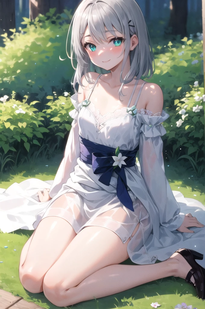 (high quality, High resolution, Very detailed, reality:1.37), Peaceful atmosphere, (Outdoor, garden), 5 year old girl standing alone, (my breasts are small.), Beautiful details, Cute Smile, (Long white hair), ((White sheer camisole dress)), White socks, White high heels、White Hat.NSFW、((Sheer milk))、((Crotch showing through))No panties