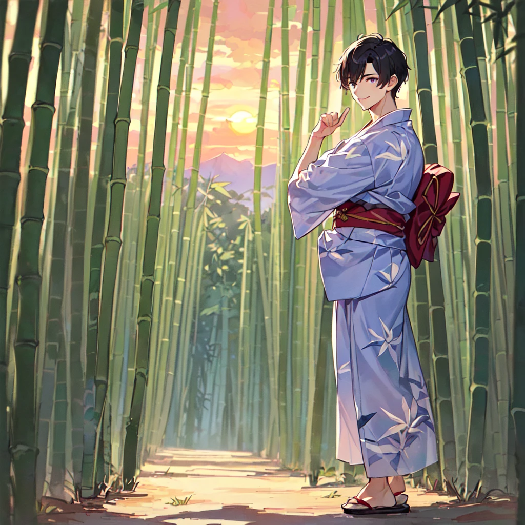 masterpiece,best quality,high quality,(1 male austere handsome solo adult age 30:1.5), purple eyes, cool with drooping eyes, V-shaped eyebrows, body strong and fearless 8.5 head tall, height 185cm, (well-groomed short black hair down to neck:1.4), (bangs 7 thirds parted:1.4), slender nose, facial muscles, throat, (Japanese print summer yukata with short sleeves and pants:1.3), (stylish pose), (cool smile:1.3), (bamboo forest in background:1.3), (sunset:1.3)