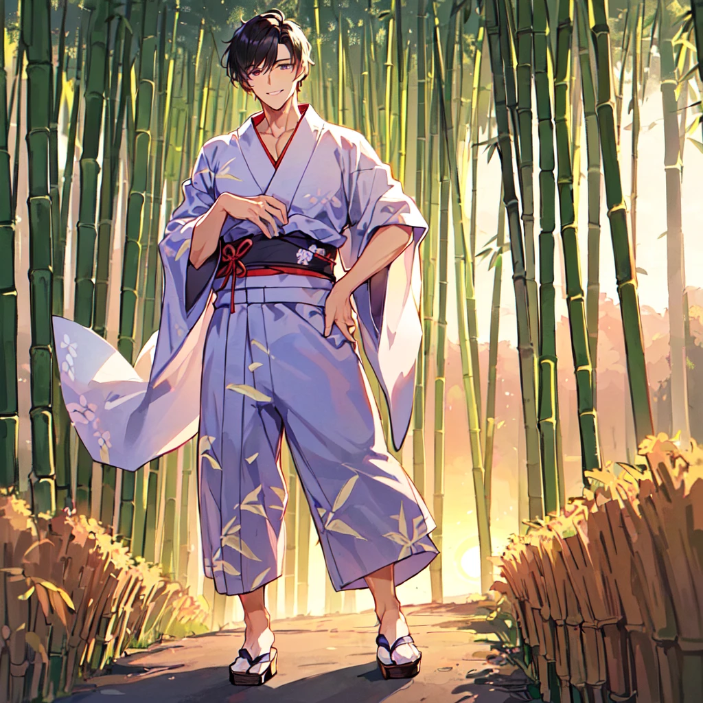 masterpiece,best quality,high quality,(1 male austere handsome solo adult age 30:1.5), purple eyes, cool with drooping eyes, V-shaped eyebrows, body strong and fearless 8.5 head tall, height 185cm, (well-groomed short black hair down to neck:1.4), (bangs 7 thirds parted:1.4), slender nose, facial muscles, throat, (Japanese print summer yukata with short sleeves and pants:1.3), (stylish pose), (cool smile:1.3), (bamboo forest in background:1.3), (sunset:1.3)