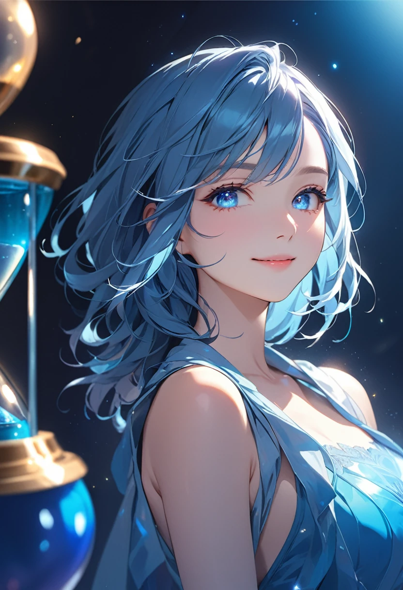 (masterpiece:1.5),(Beat quality),(high res),1girl solo,beautiful face,smile(shining eyes),upper body,light effects,Blue hair, blue clothes, woman,Blue Hourglass,Background is blue
