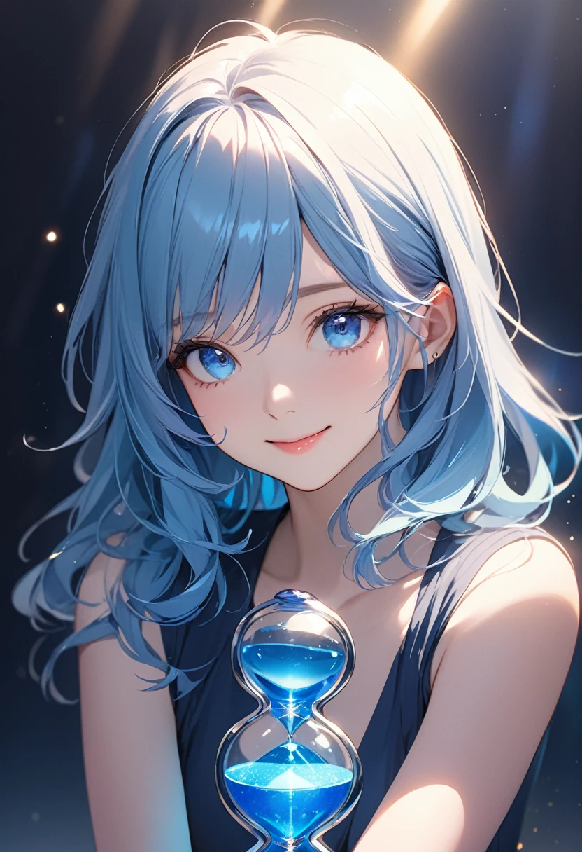 (masterpiece:1.5),(Beat quality),(high res),1girl solo,beautiful face,smile(shining eyes),upper body,light effects,Blue hair, blue clothes, woman,Blue Hourglass,Background is blue