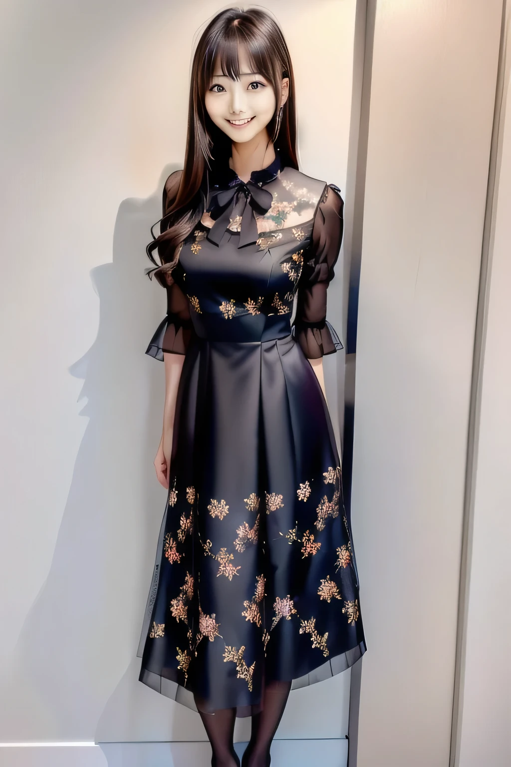 there is a woman standing in a room with a dress on, idian dress, Portrait full body, !!Full body portrait!!, full covered dress, by Ayako Rokkaku, Full body photo, Full body photo映えするショット, Black Stockings, Formal wear, Wearing a long floral dress, Long straight black hair, Wearing a lovely pastel dress, full length portate, Straight long hair, Written by Ayami Kojima, Face that faithfully reproduces the face of LoRA, High resolution, Very detailed, Natural Bangs, highest quality