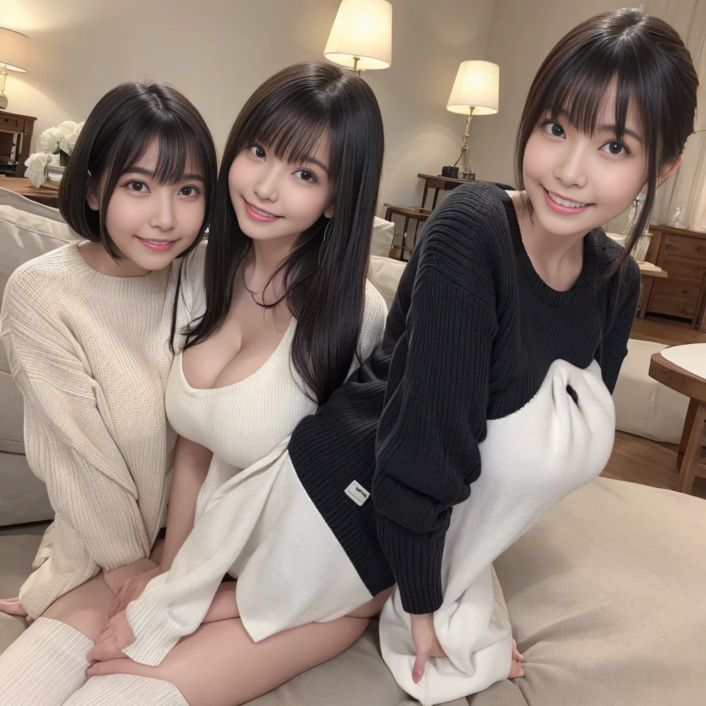 (Sisters、Thin knitted sweater、is、Black Hair、Big Ass、In the living room、The clothes are see-through、bottomless、White panties)、Extremely sexy、Glamorous Body、smile、Professional Lighting、Beautiful adult woman、Captivating thighs、Very large breasts、Cleavage、Are standing、Beautiful teeth alignment、