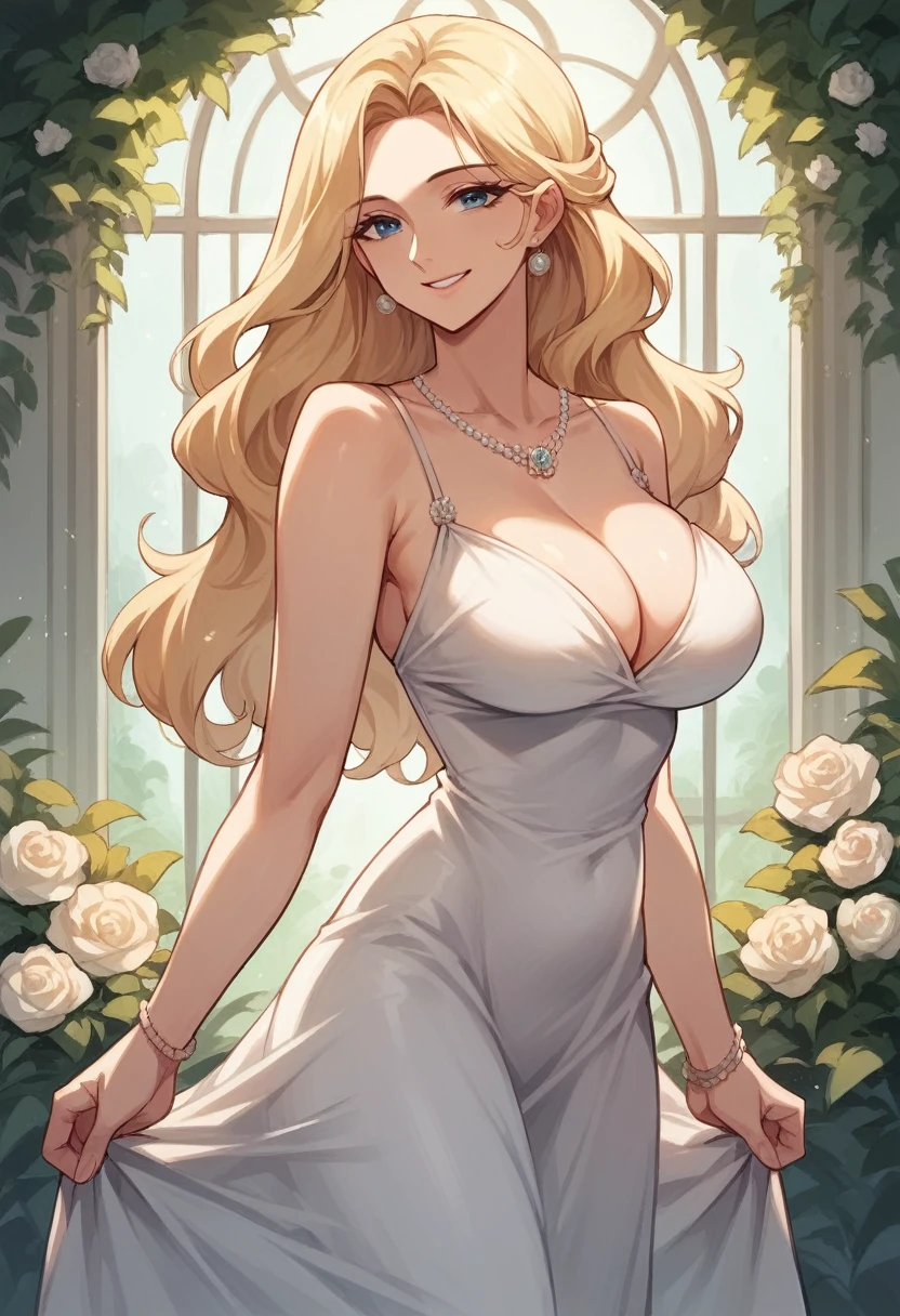 Tall, heavenly beautiful mom with long blonde hair, Blue eyes, long white dress, Nice smile