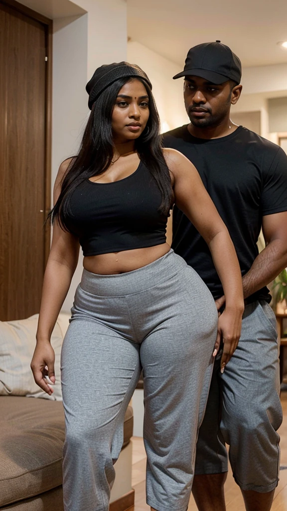 Sexy indian married couple, black man with bald head, tall, fat, black woman with long hair perfect body, big breasts, big hips, big ass, short, couple, man and woman, front pose, detailed. Woman wearing sports bra and shorts, man wearing a cap, black t shirt and yoga pants.