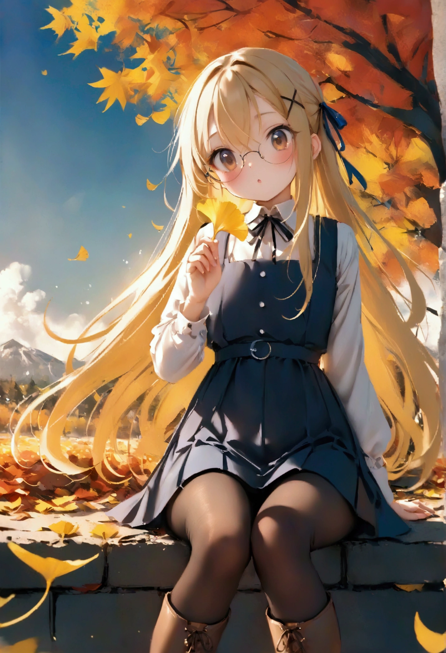 masterpiece,best quality,high quality,(colorful),[Artist miwano rag],[Artist toosaka asagi],[Artist wlop],[Artist chen bin],loli,1girl, 独奏, autumn leaves, long hair, outdoors, leaf, autumn, blonde hair, sitting, holding leaf, holding, looking at viewer, hair ornament, tree, long sleeves, bangs, x hair ornament, dress, pantyhose, day, plaid, shirt, parted lips, ginkgo leaf, blush, brown eyes, boots, very long hair, falling leaves, maple leaf, blue dress, between legs, brown pantyhose, hairclip, pinafore dress, brown shirt, hand between legs, sky, feet out of frame, brown footwear, floating hair.Glasses