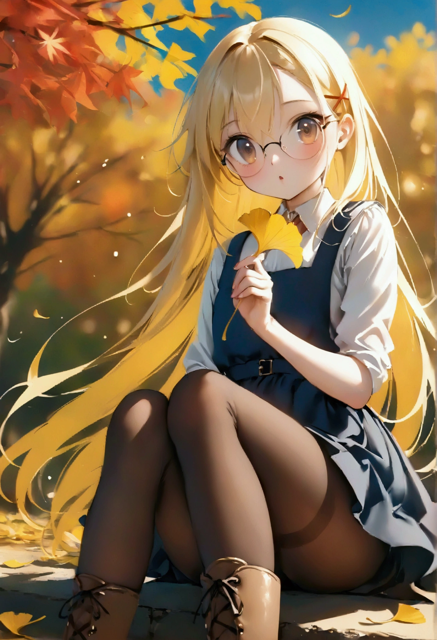 masterpiece,best quality,high quality,(colorful),[Artist miwano rag],[Artist toosaka asagi],[Artist wlop],[Artist chen bin],loli,1girl, 独奏, autumn leaves, long hair, outdoors, leaf, autumn, blonde hair, sitting, holding leaf, holding, looking at viewer, hair ornament, tree, long sleeves, bangs, x hair ornament, dress, pantyhose, day, plaid, shirt, parted lips, ginkgo leaf, blush, brown eyes, boots, very long hair, falling leaves, maple leaf, blue dress, between legs, brown pantyhose, hairclip, pinafore dress, brown shirt, hand between legs, sky, feet out of frame, brown footwear, floating hair.Glasses